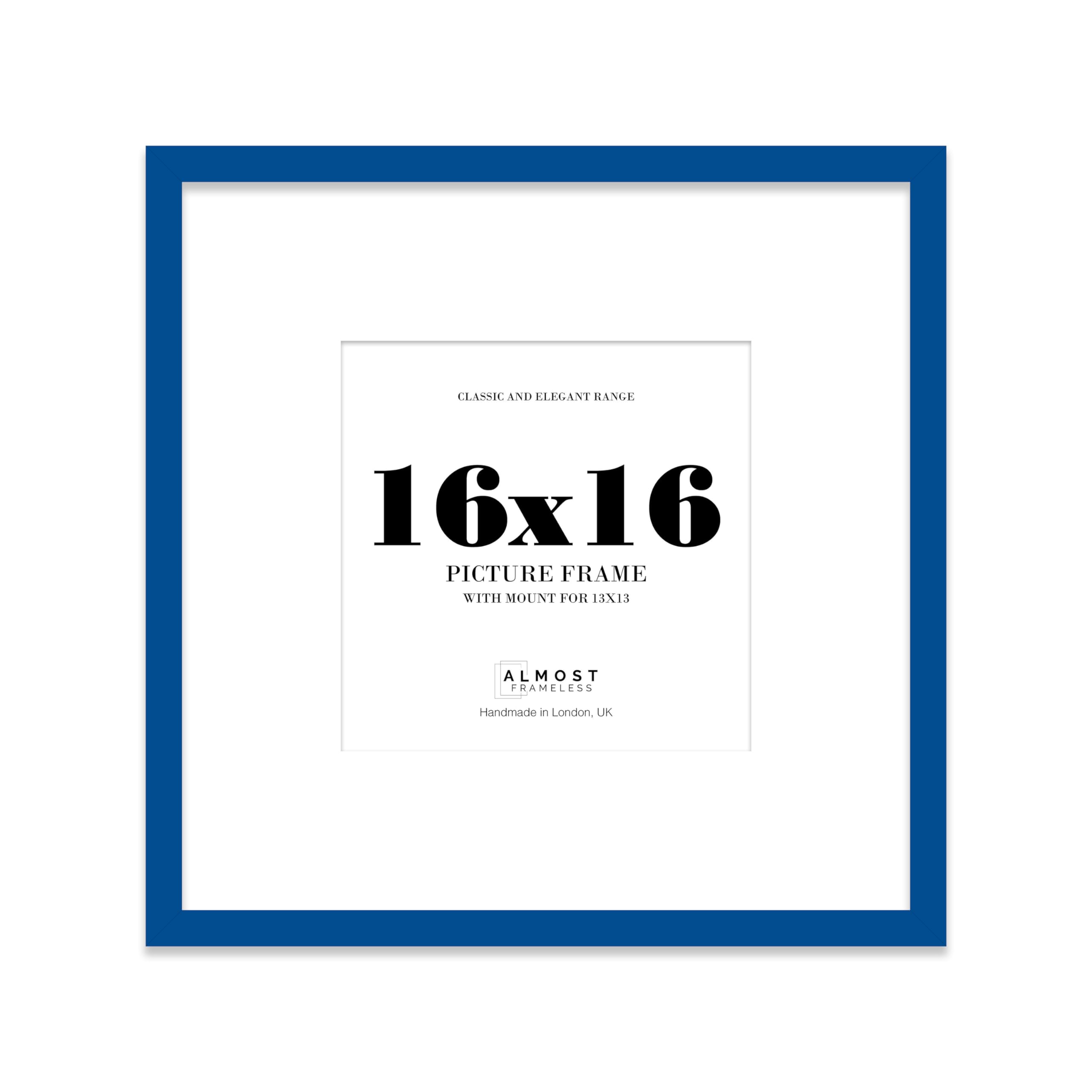 Almost Frameless 16x16 Square Picture Frame, Display Pictures 13x13 With Mat or 16x16 Without Mat, Wall Hanging & Free Standing Photo Frame, Blue, 1 Pack