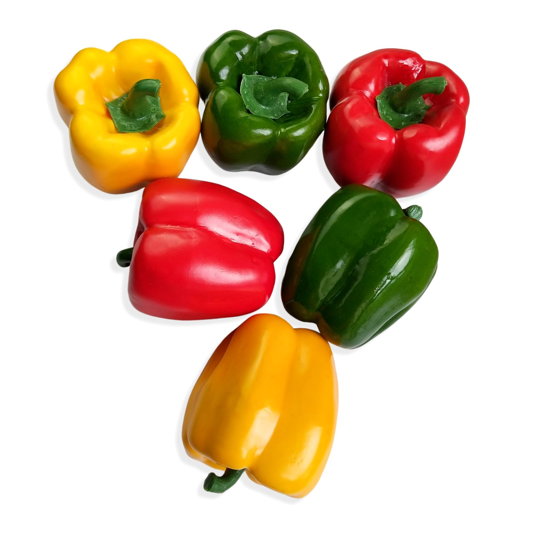 Lorigun Artificielle Poivrons 6Pcs (Chaque Couleur 2Pcs) - Légumes Décoratifs en Mousse de Styron Rouge, Vert, Jaune - Pour Décoration Maison et Accessoires Éducation Enfance