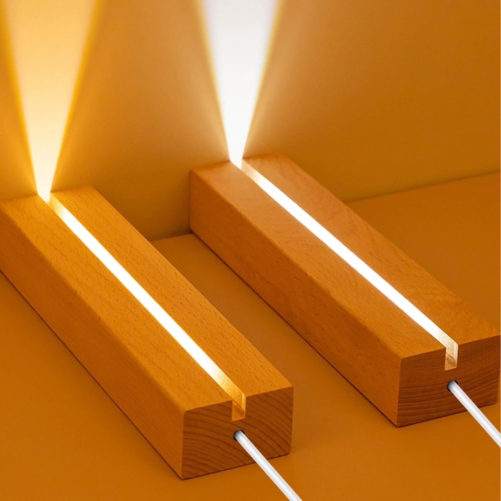 BORDEAG Set di 4 basi in legno LED rettangolari USB, 15 cm, bianco caldo, elegante supporto in legno per vetro acrilico, cristallo, resina, opere d'arte