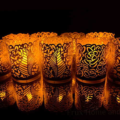 Frux Home and Yard FLAMELESS Tea Light Votive Wraps- 48 Gold Colored Laser Cut Decorative Wraps Flickering LED Battery Tealight Candles (not Included)