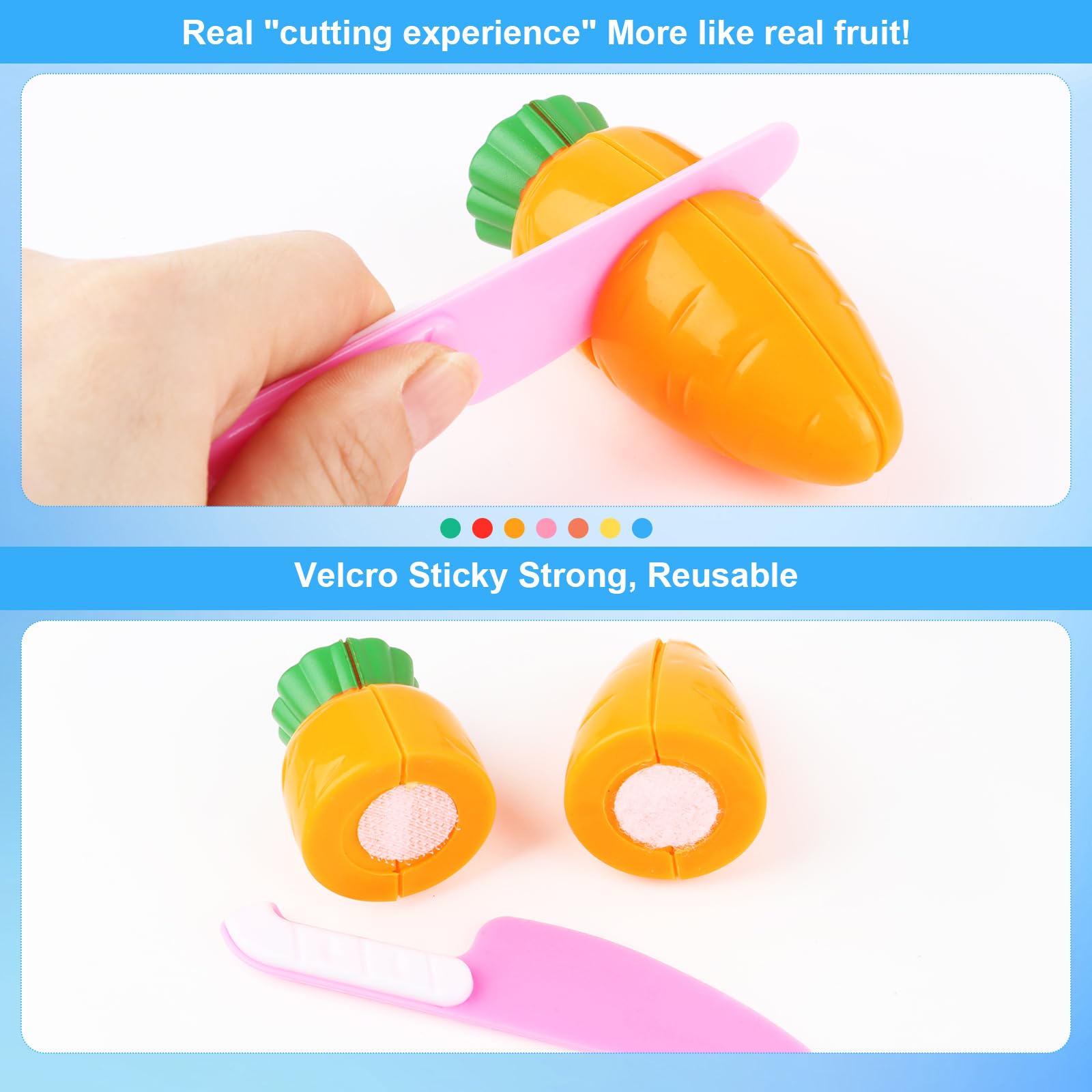 UKOFEW Set De 27 Piezas De Frutas Y Verduras De Plástico Con Velcro – Juguete De Cocina Para Cortar – Incluye Cuchillo, Tabla Y Accesorios – Regalo Para Niños Pequeños