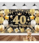 PatiCool 40th Birthday Backdrop Decorations,Black and Gold Happy 40th Birthday Banner Sign,40th B...