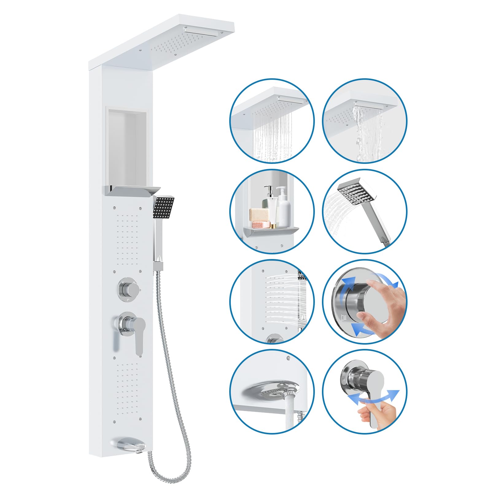 LZQ Pannello doccia in acciaio inox, sistema doccia a 5 funzioni, con doccia a pioggia, cascata, 2 getti massaggianti, doccetta e beccuccio, set doccia montato a parete (bianco)