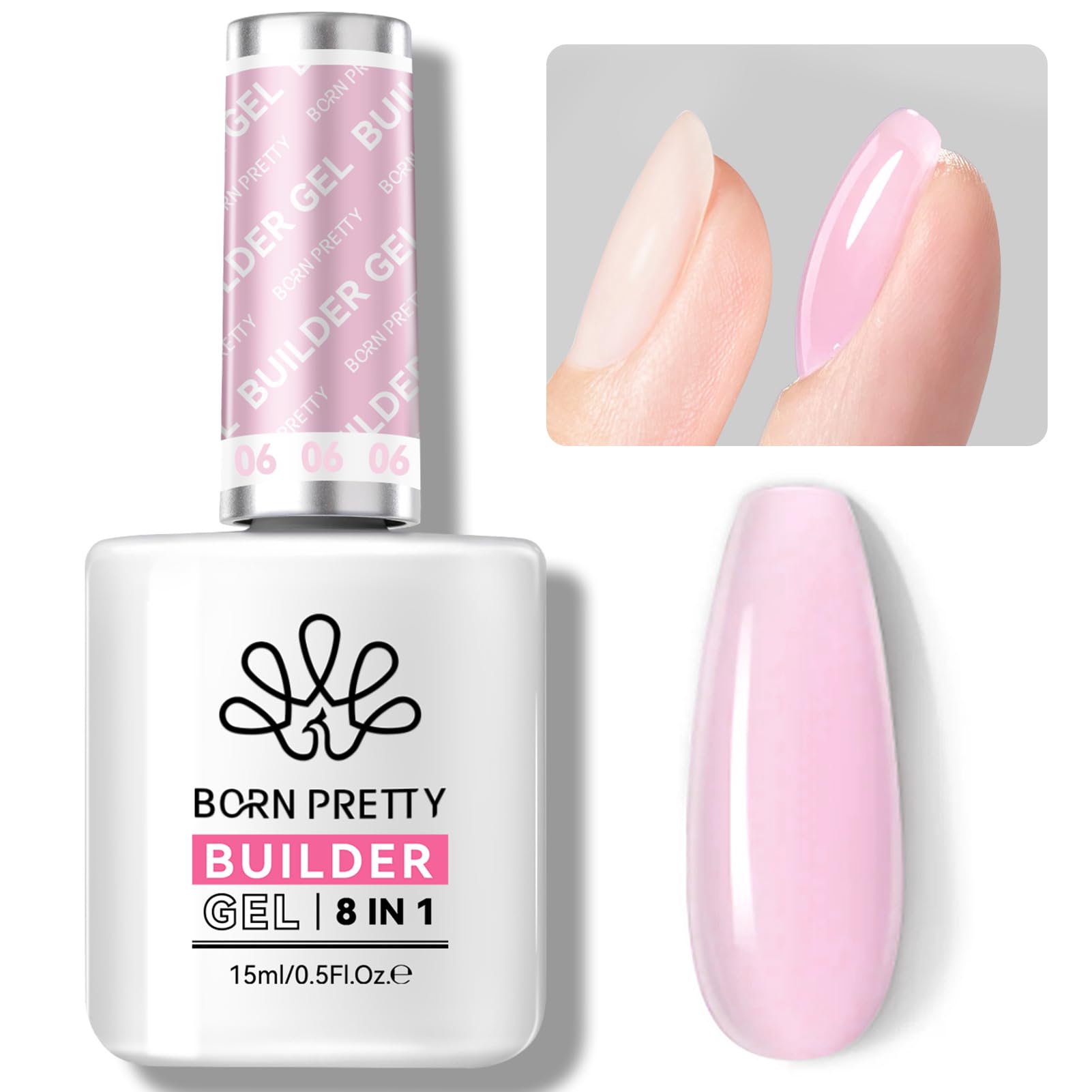 BORN PRETTY Builder Gel for Nails, 8-in-1 Milky Pink Clear Builder Nail Gel for Nail Apex and Gel Extension Strengthener, Nail GLue Gel Hard Gel Base Rhinestone Nail Glue Gel in a Bottle 15ml