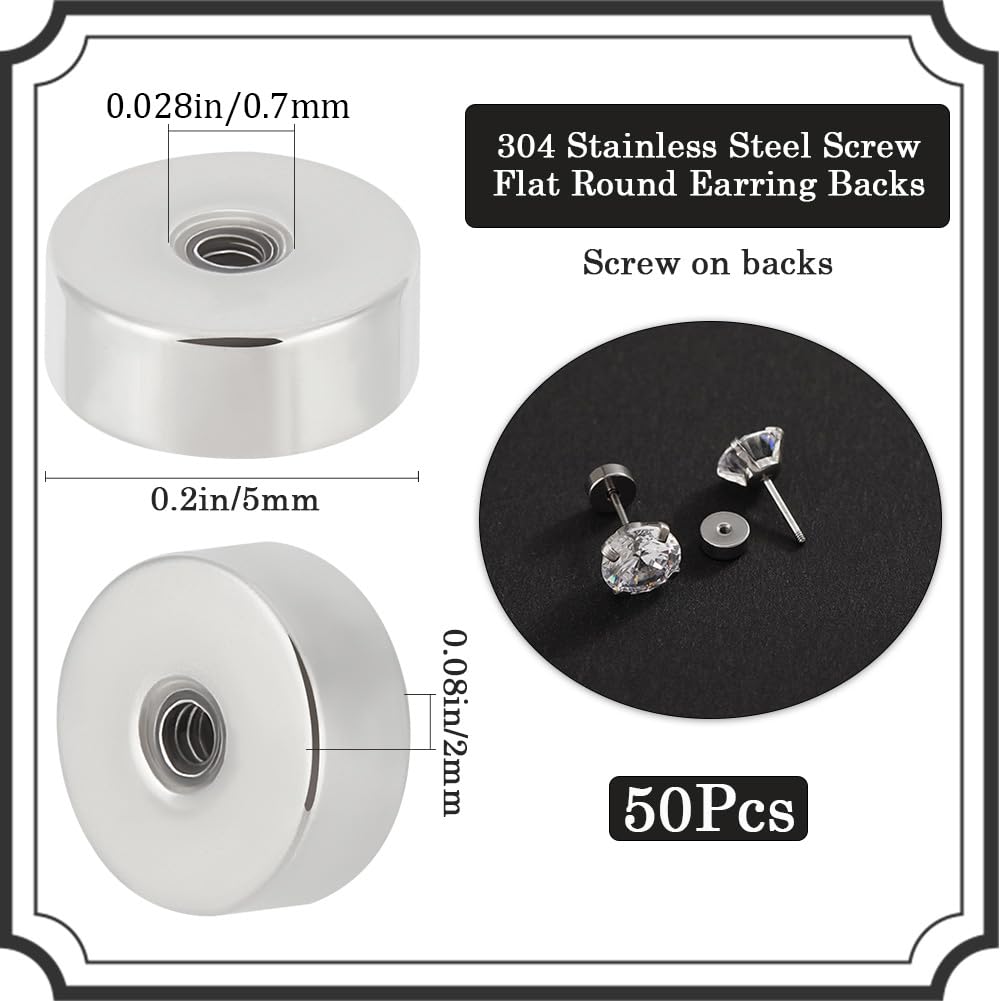 50 Chiusure A Sfera Per Orecchini In Acciaio Inox 304 - Dadi Piatti Rotondi Da 5mm Per Creazione Gioielli - Beebeecraft - 5