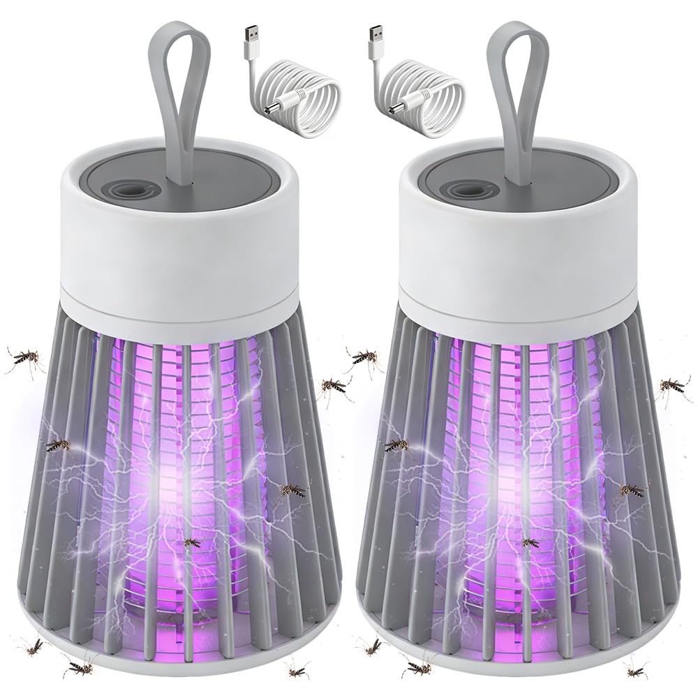 2PCS Mosquito Killer Lamp, Fly Killer, UV Fly Catcher 360° Bug Zapper for Indoor and Outdoor Flying Insect Control Lamp, Portable USB Rechargeable Electric Fly Killer for Backyard Camping (Gray)