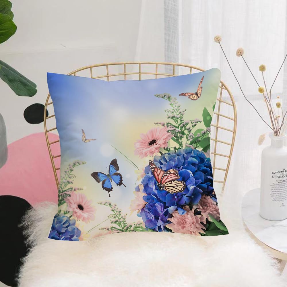 HYOSXW Cushion Cover,Throw Pillow Case Home Decorative for Living Room Bedroom Sofa Chair 16X16 Inch,Bouquet from blue hydrangeas and butterfly a flower background,Pillowcase 40X40cm
