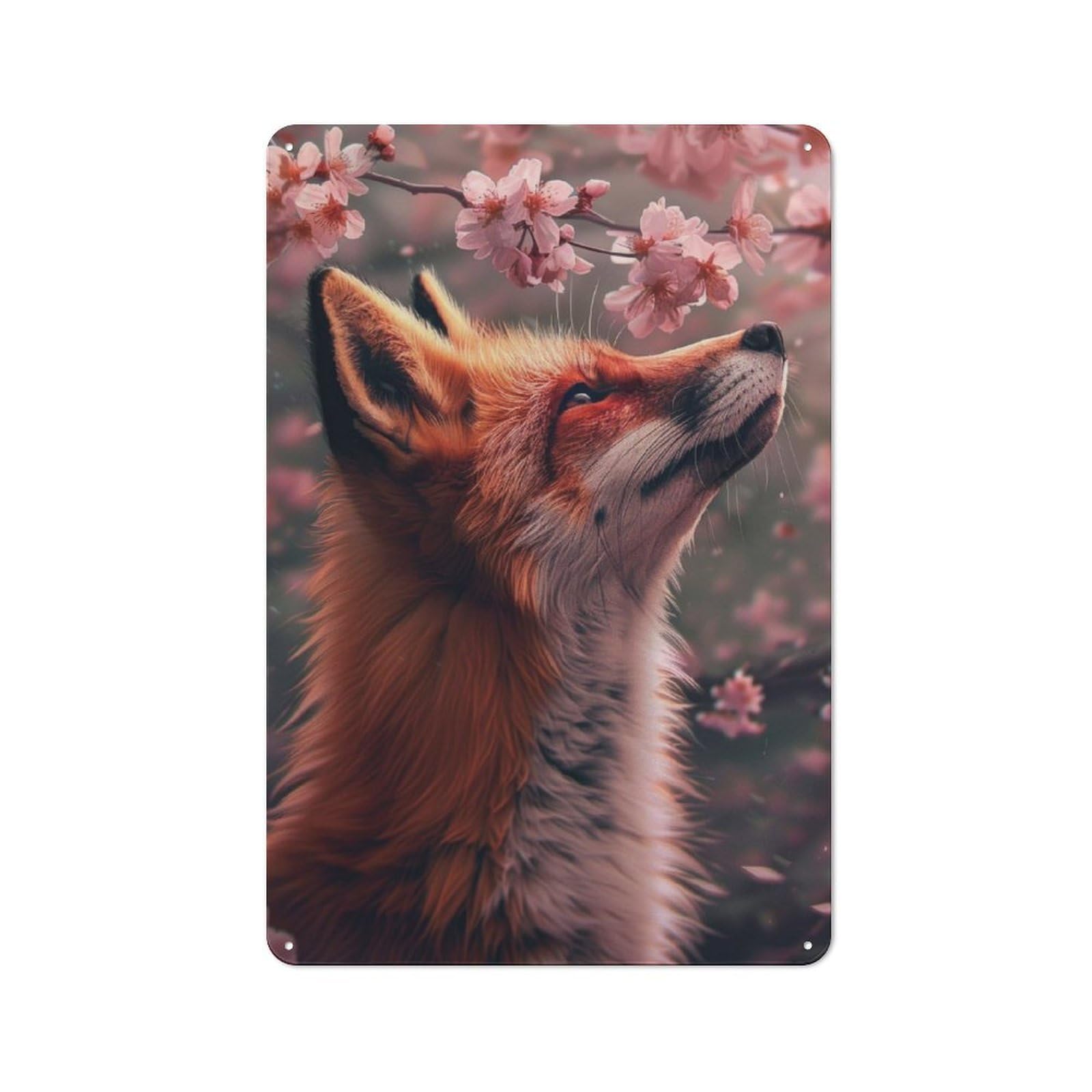 Junmoney Red Fox Cherry Blossom Tin Wall Plaque 30X20cm With For Guest Room Or Hallway, For Home Office, Studio And Craft Room Walls