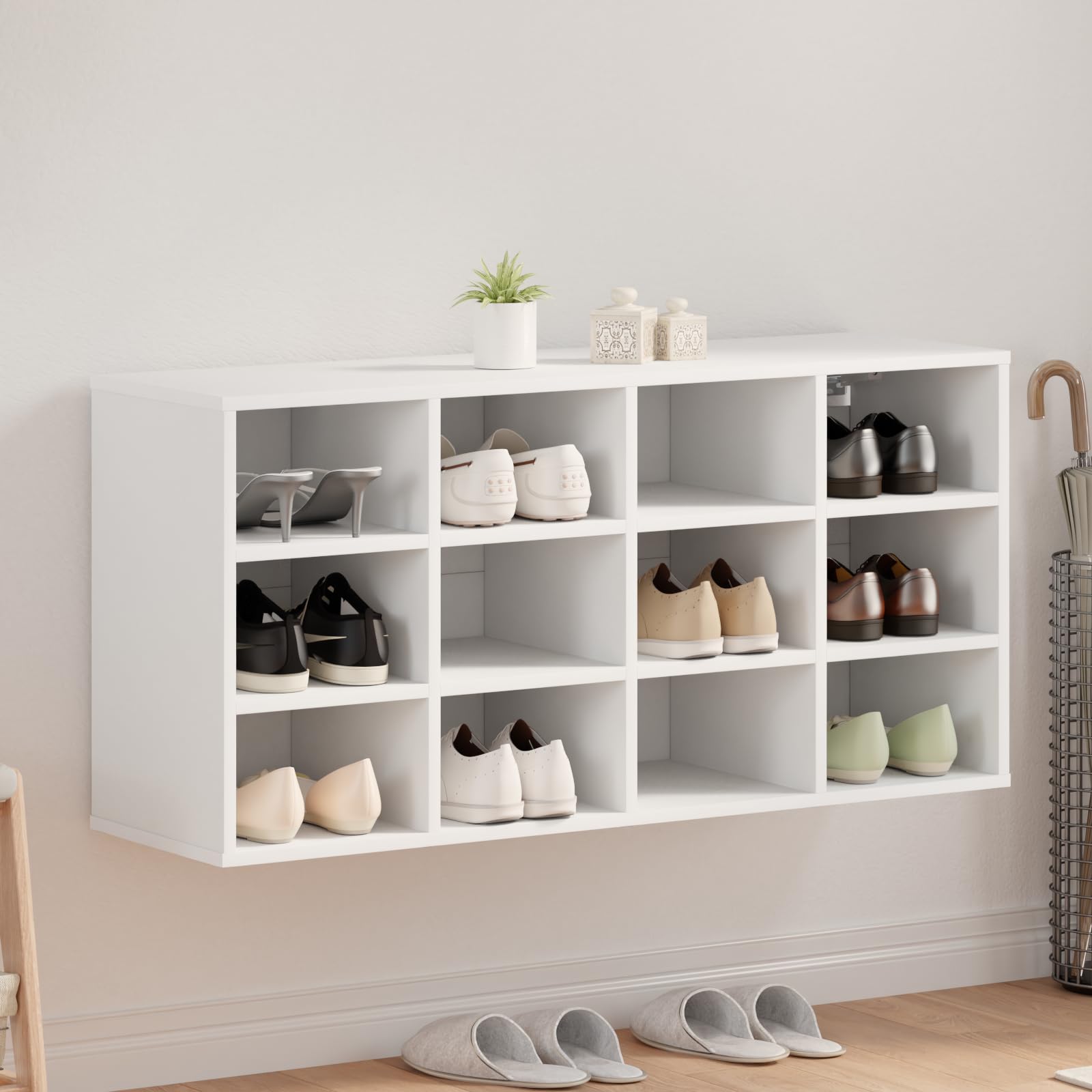 Szafka na buty z regałem i ławką do siedzenia wykonana z materiału drewnopochodnego, biała, 52,5 x 30 x 50 cm do praktycznego przechowywania i porządku w strefie wejściowej