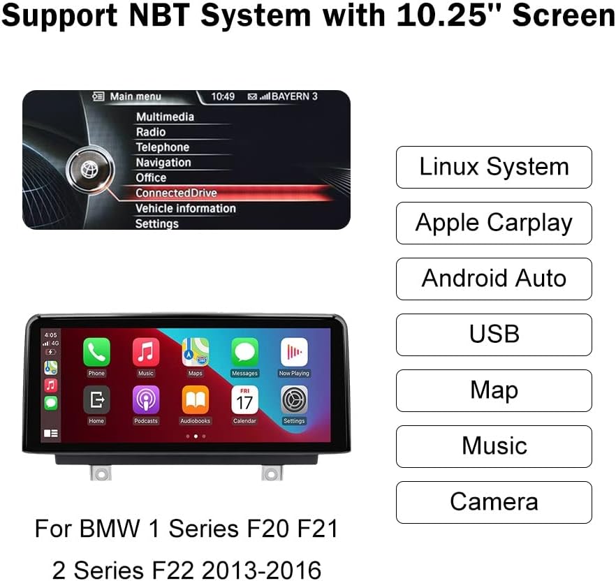 NINETOM 10.25 inch Touchscreen Wireless Apple CarPlay Android Auto Car Multimedia Screen for BMW 1/2 Series NBT System, F20/F21/F23 (2011-2016) : Electronics