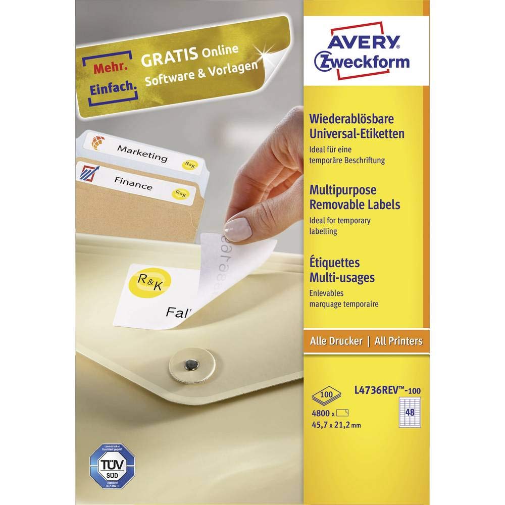 Avery Zweckform – Etichette universali per tutte le stampanti formato A4, 45,7 x 21,2 mm weiß (wiederablösbar), 4800 Pezzi