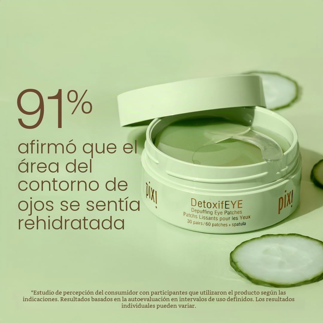 Pixi Parches de hidrogel antihinchazón de los ojos Detoxifeye, ácido hialurónico, parches dorados con cafeína para debajo de los ojos, hidratación del contorno de ojos, 30 pares, 60 parches