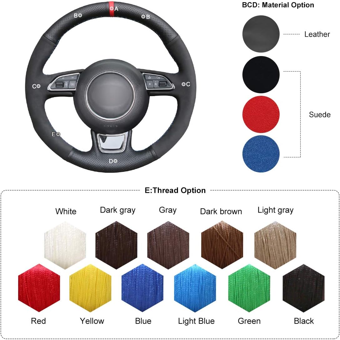 MEWANT Hand Sewing Black Genuine Leather and Suede Car Steering Wheel Covers Wrap for Audi A3 2015-2016 / A4 2015-2016 / A5 2013-2017 / A6 2012-2018 / A7 2012-2018 / Allroad 2013-2018 / RS 7 2014-2015