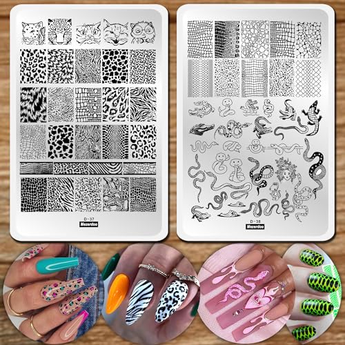 Leopard Snake Nail Stamping Plate Stencils for Nail Art Reusable 2Pcs Large Size Nail Stamper Plates Templates Cat Crocodiles Stripes Line Print Nail Design Stamp Plate Stainless Steel Nail Art Tools