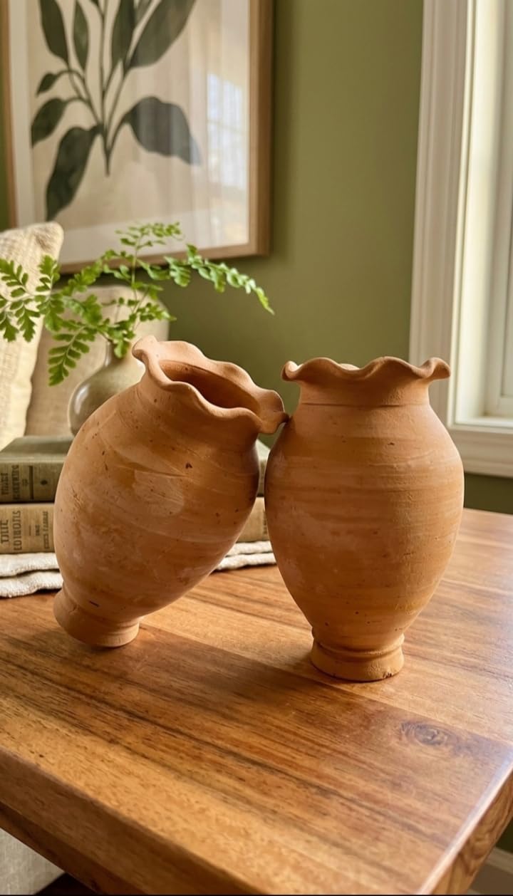 Terracotta Clay Flower Vase for Home Decor | Eco-Friendly Standard Size Earthen Pot | Traditional Clay Flower Pot for Living Room, Office, Table Decoration | Size Height 6" & Width 4" | Pack of 2 pic-image-13