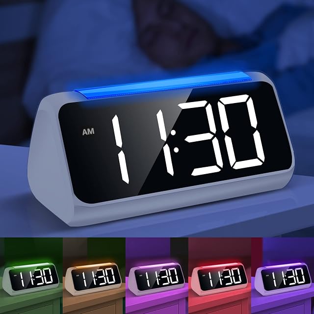 Alarm Clock with Night Light for Bedrooms, Simple Large LED Display Big Number Digital Alarm Clock with 7 Color Night Light, Dual Alarm, Dimmer, USB Charger, Beside Clock for Kids and Adults (White)