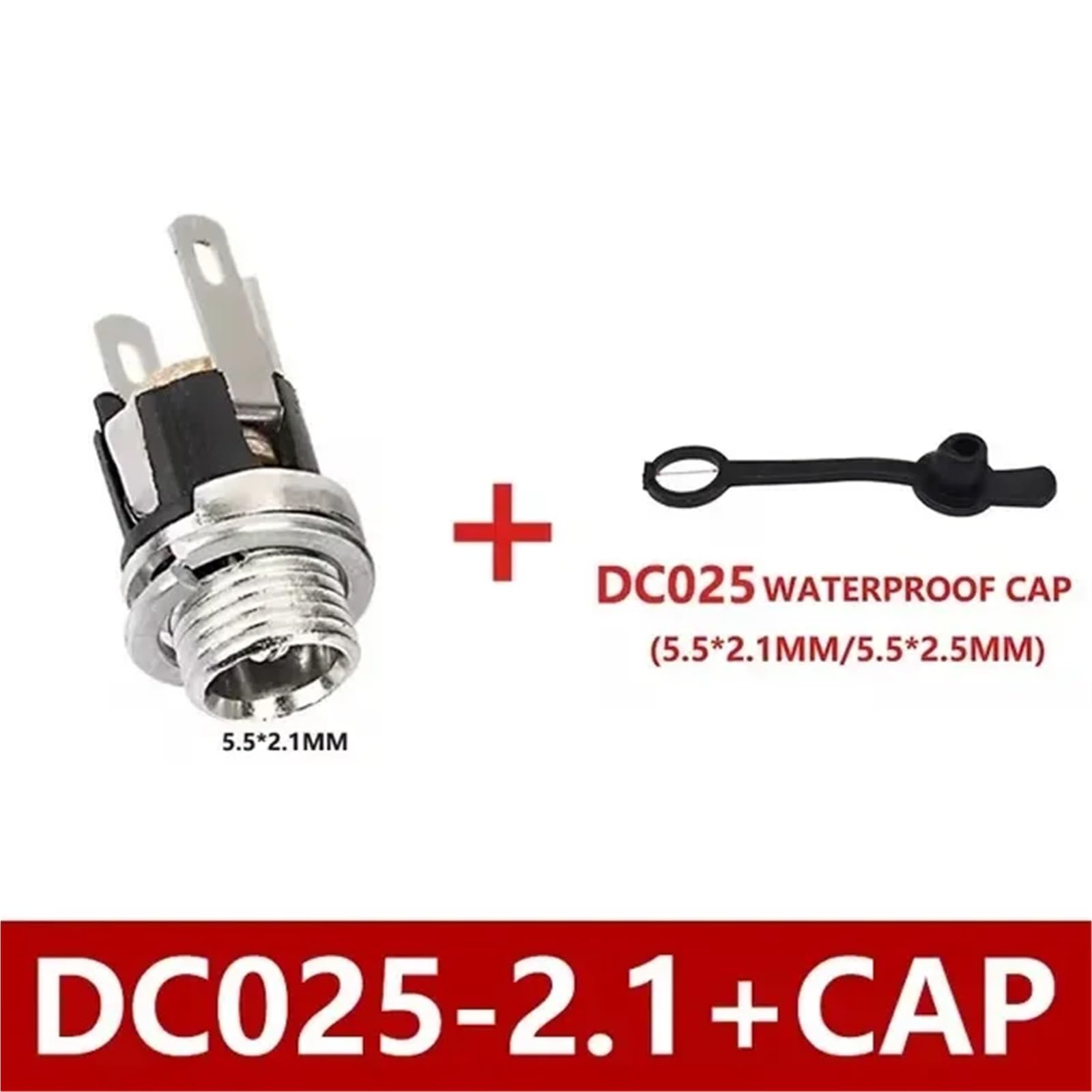 Jack di alimentazione CC, 50 pezzi, presa jack femmina per montaggio a pannello, connettore a 3 pin, 5,5 x 2,1 mm, 5,5 x 2,5 mm, per audio auto, laptop, lettori MP3 (2.1 con tappo)
