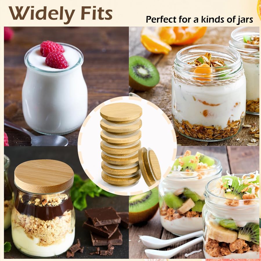 Miniatura 4 de NIKISHAP Tapas para tarros de yogur, 8 tapas Oui - Tapas de madera de bambú natural con anillos de sellado de silicona, adecuadas para tarros de