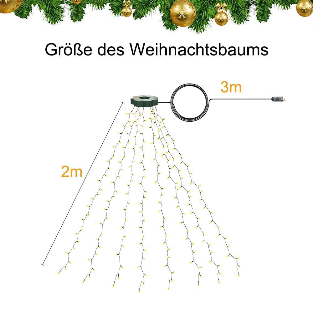 Guirlande lumineuse pour sapin de Noël 280LED 2M×8 Guirlande Fil Cuivre 8 Modes Étanchéité IP44 Guirlande pour Lumière D'arbre de Noël, pour 1.5-2.4M Guirlande lumineuse