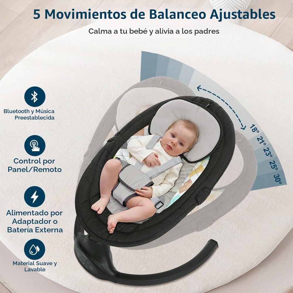 Bioby Hamaca Bebe Electrica, Mecedora Bebe con Arnés de 5 Puntos, 5 Amplitudes de Balanceo, con Bluetooth, Mando a Distancia, Columpio Bebe Balancin Ligero para Bebés de 2 a 9 kg, 0-10 Meses (Negro)