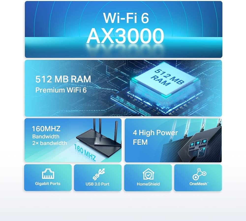 TP-Link Archer AX55 Routeur WiFi 6, Routeur WiFi AX 3000 Mbps bi-Bande, 5 Ports Gigabit, 4 antennes à Haute Performance, WPA3, Contrôle Parental, OneMesh, Antivirus intégré
