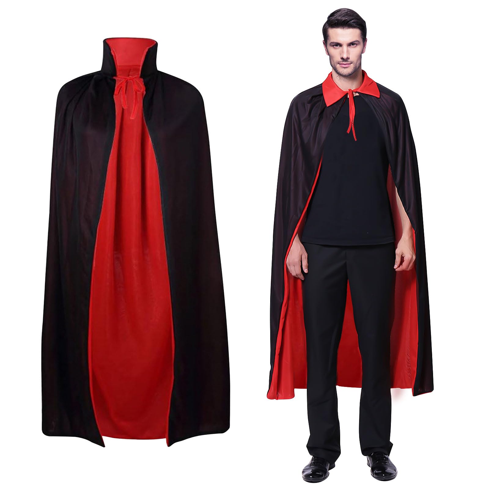 FUIPVGI 120cm/47in Long Black Red Cape,Reversible Cape Halloween Cape,Grim Reaper Costume,Wizard Cloak for Adult Kids Vampire Witch Wizard Role Play Cloak Easter Halloween Christmas (120cm)