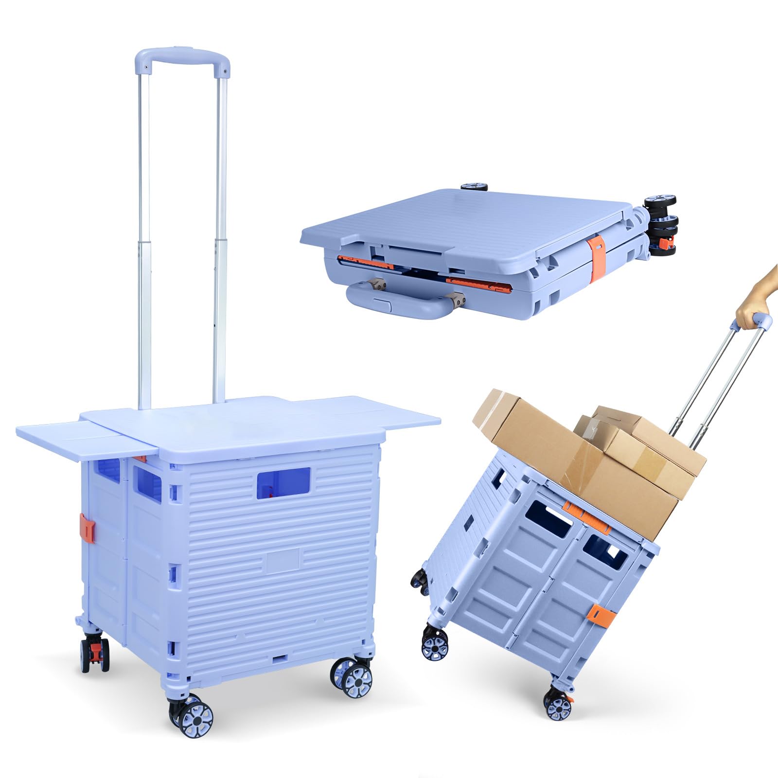 Folding Shopping Cart with Retractable Magnetic Table, Heavy Duty 55kg, Portable and Foldable Plastic Transporter, Adjustable Handle, 360ยฐ Rotating Wheels, Ideal for Camping, and Storage - Blue