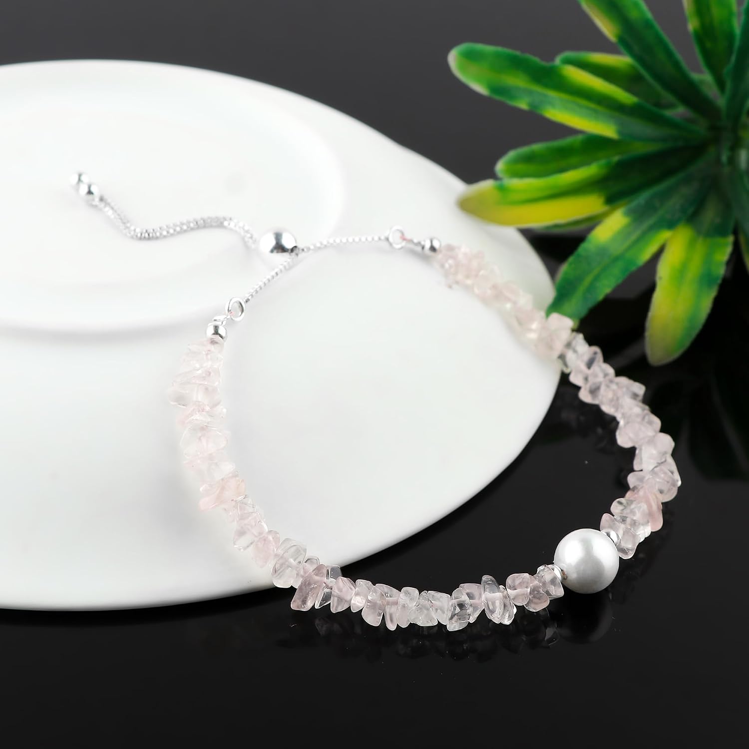 Natural Pearl & Gemstones Uncut Chips Beads Bolo Bracelet, Polished Nuggets Stones, Silver Chain, Handmade Boho Jewelry, Wicca & Reiki Healing Crystals, Christmas Gift for Women, 10inch