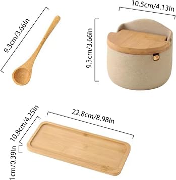Rustic Artisan Salt Container, 2 x Ceramic Salt Containers with Wooden Spoon and Lid, Salt Holder for Counter, Box, Restaurant Household Salt and Sugar Bowl Set, approx. 22.8 x 10.8 x 9.5 cm