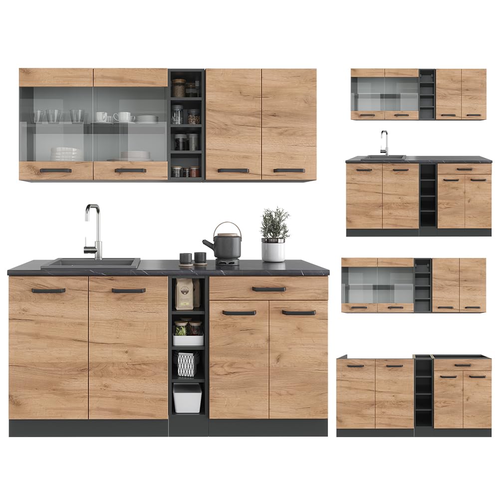 Vicco Cucina completa R-Line, Rovere dorato/antracite, 160 cm senza piano di lavoro, adatto per l'espansione individuale con moduli aggiuntivi