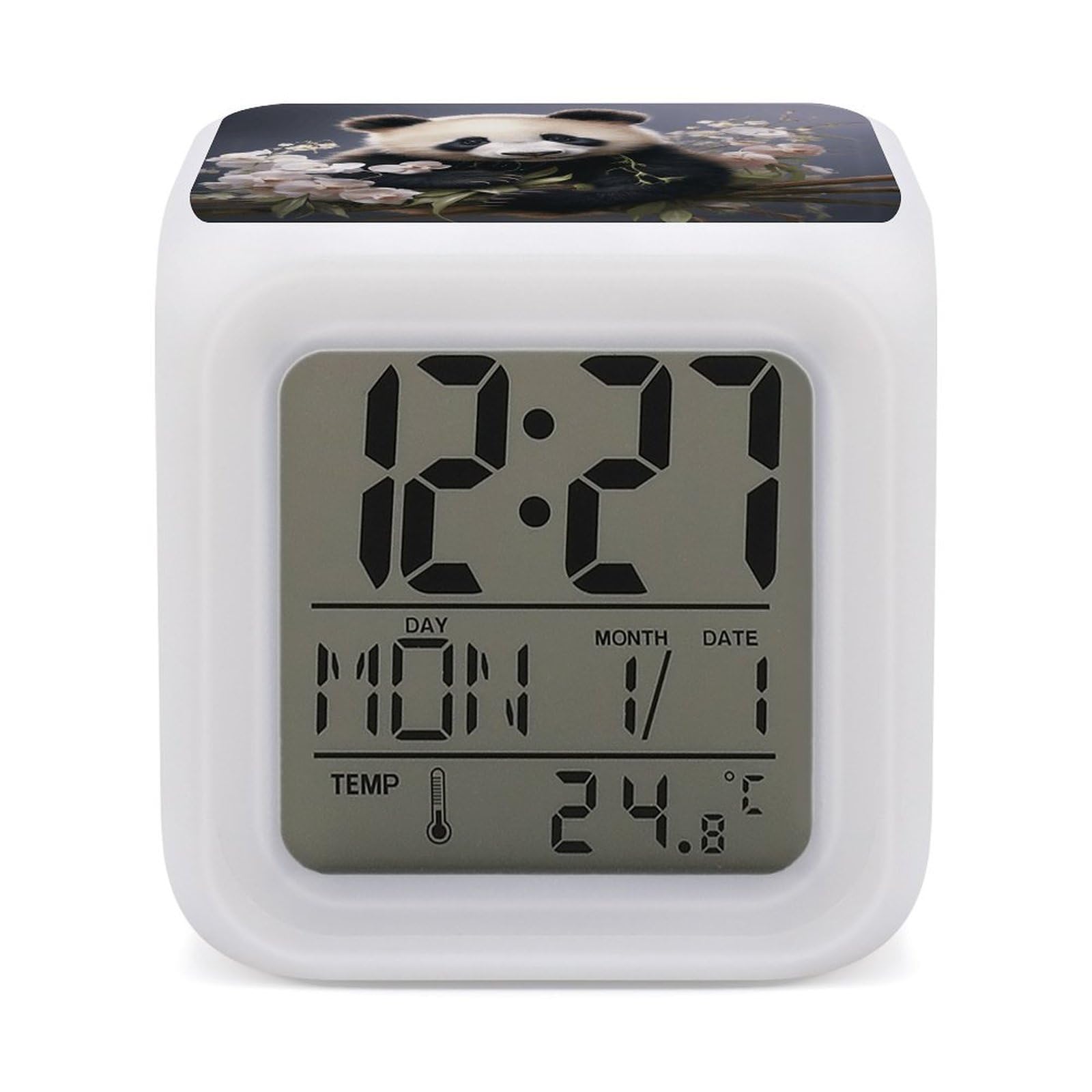 VstaDank Panda with Flower Alarm Clock for Bedrooms Small Clocks with 7 Color Night Light Desk Clock with Large Numbers Loud Wake Up Timer Ideal for Gift & Room Decor