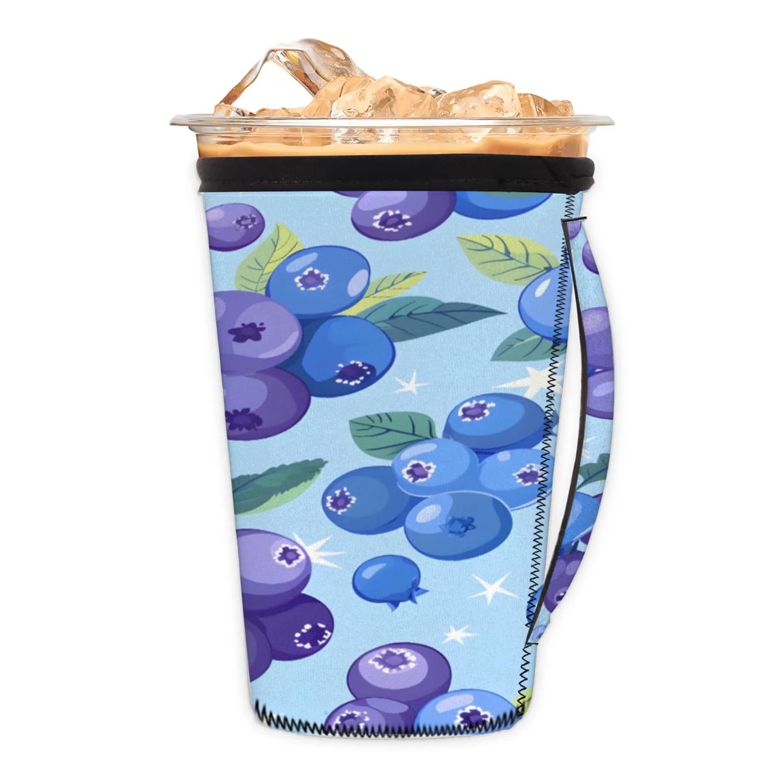 Watercolor Blueberry Stars Reusable Neoprene Coffee Sleeve with Handle Insulated Iced Coffee Cup Holder Reduces Condensation Fits 24-28 oz Cups M