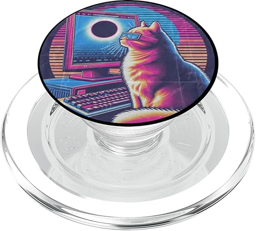 Eclipse solar de gato - Synthwave Retro Poster Style PopSockets MagSafe PopGrip para iPhone