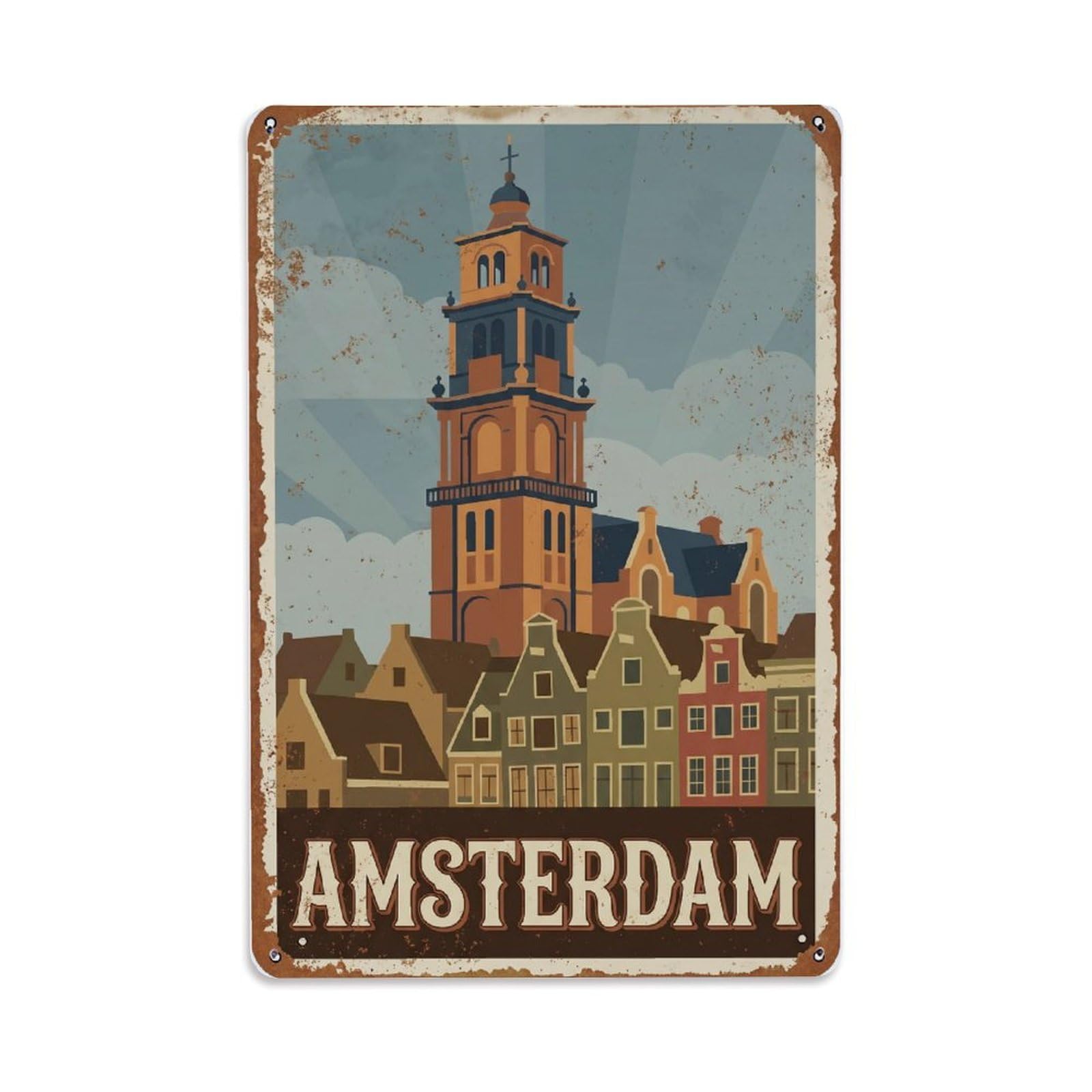 Vintage Travel Tower Netherlands Church Metal Tin Sign Plaque Wall Decor for Cafe, Club Bar, Office, Home Garden Metal Poster 8x12Inch
