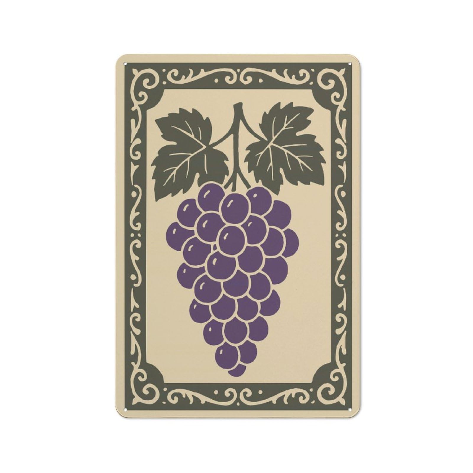 Understated Purple Grapes Illustration with Decorative Border Metal Wall Plaque 30x20cm, Creative Space Decor for Office, Study, Studio Or Hallway