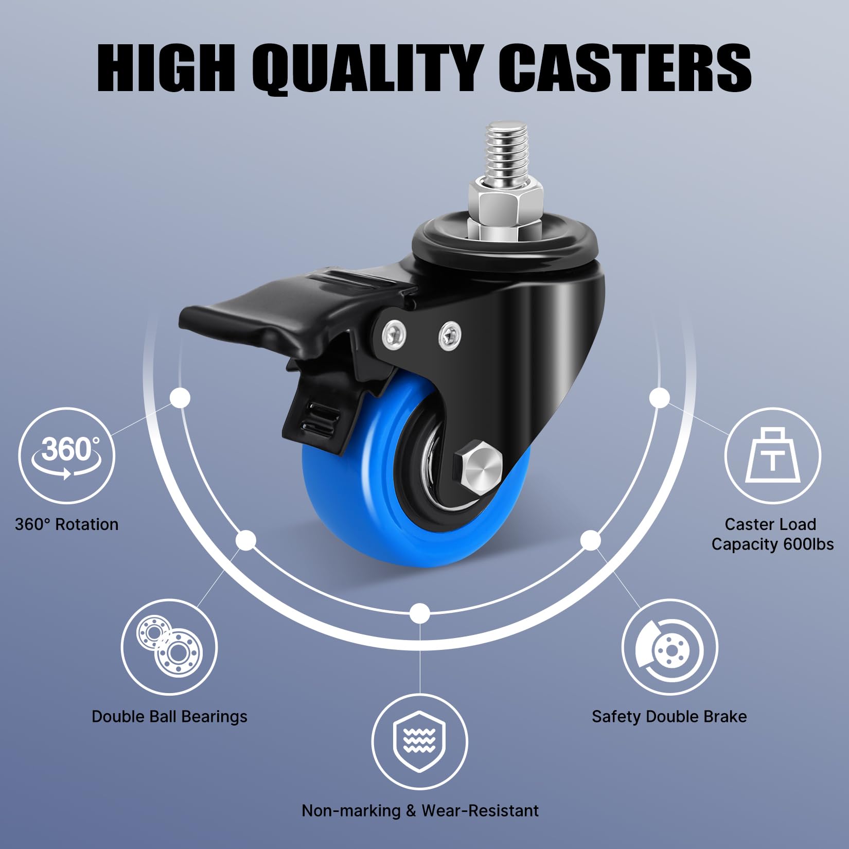 Ruedas para Muebles Pesados 50mm con Vástago Roscado M8 x 1,25x 25mm, Giratorias Carga 270KG, 360° Pivotantes con Freno, Juego de 4