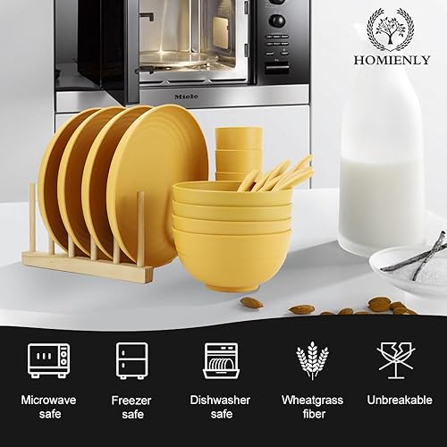 Miniatura 4 de Juegos de vajilla de paja de trigo, Homienly 20 piezas de vajilla irrompible apta para microondas y lavavajillas, cubiertos ligeros, tazones, vasos,