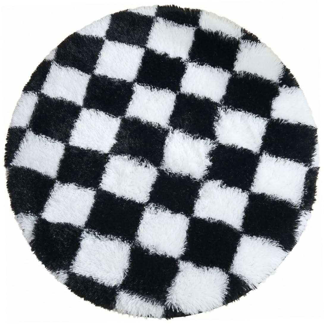 Tapis de bain à carreaux rond en peluche premium au design élégant