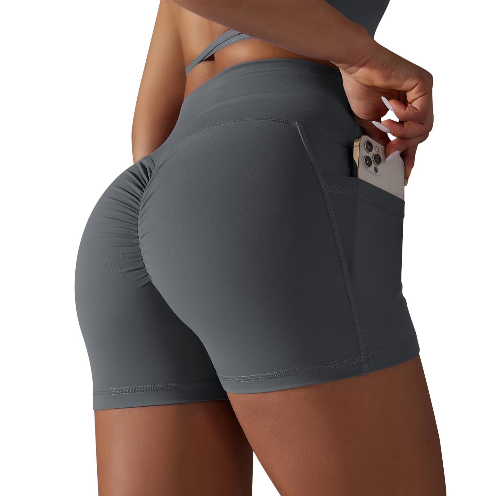 Darkterror Workout Shorts Women Spandex High Crossover Waist Gym Athletic Yoga Running with Pockets