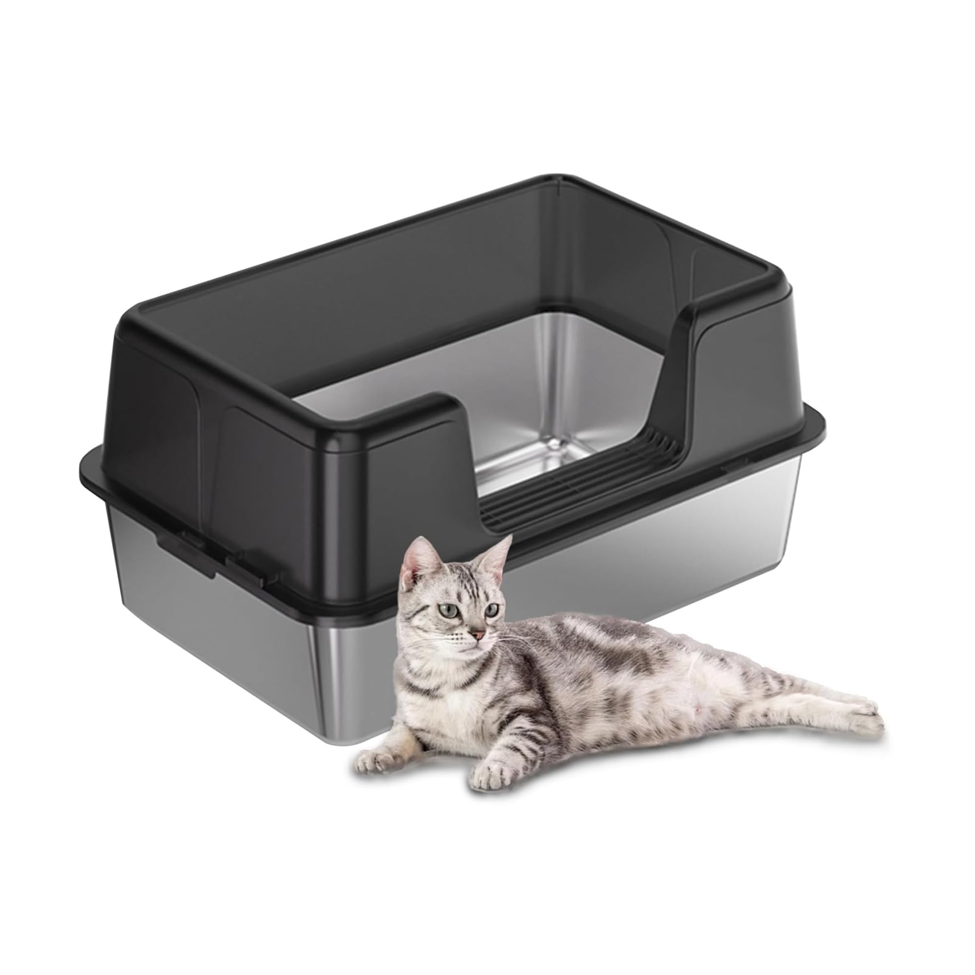 Aptliton Stainless Steel Cat Litter Box with High Sides, Splash Proof Anti-Scratch Metal Litter Tray, Easy Clean Large Cat Toilet with Non-Slip Base for Indoor Kittens Adult Cats, Black 60×40×36.5cm