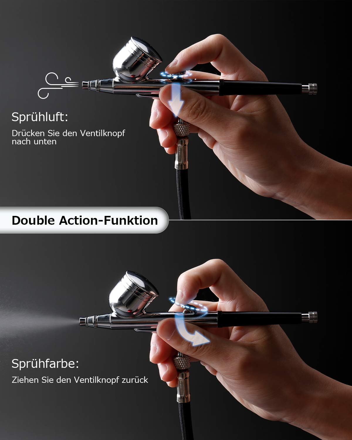 Oasser Airbrush Set Kompressor Dual Action 3 Modi wiederaufladbarer 1000mAh Akku 0,3mm Düse 7CC Tasse Airbrush Pistole für Modell Kosmetik Lackierung Rot