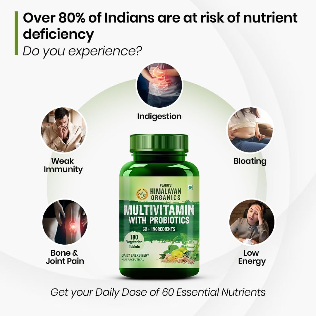 Himalayan Organics Organics Multivitamin with Probiotics - 45 Ingredients for Men and Women with Vitamin C, D, E, B3, B12, Zinc, Giloy and Biotin (180 Tablets)