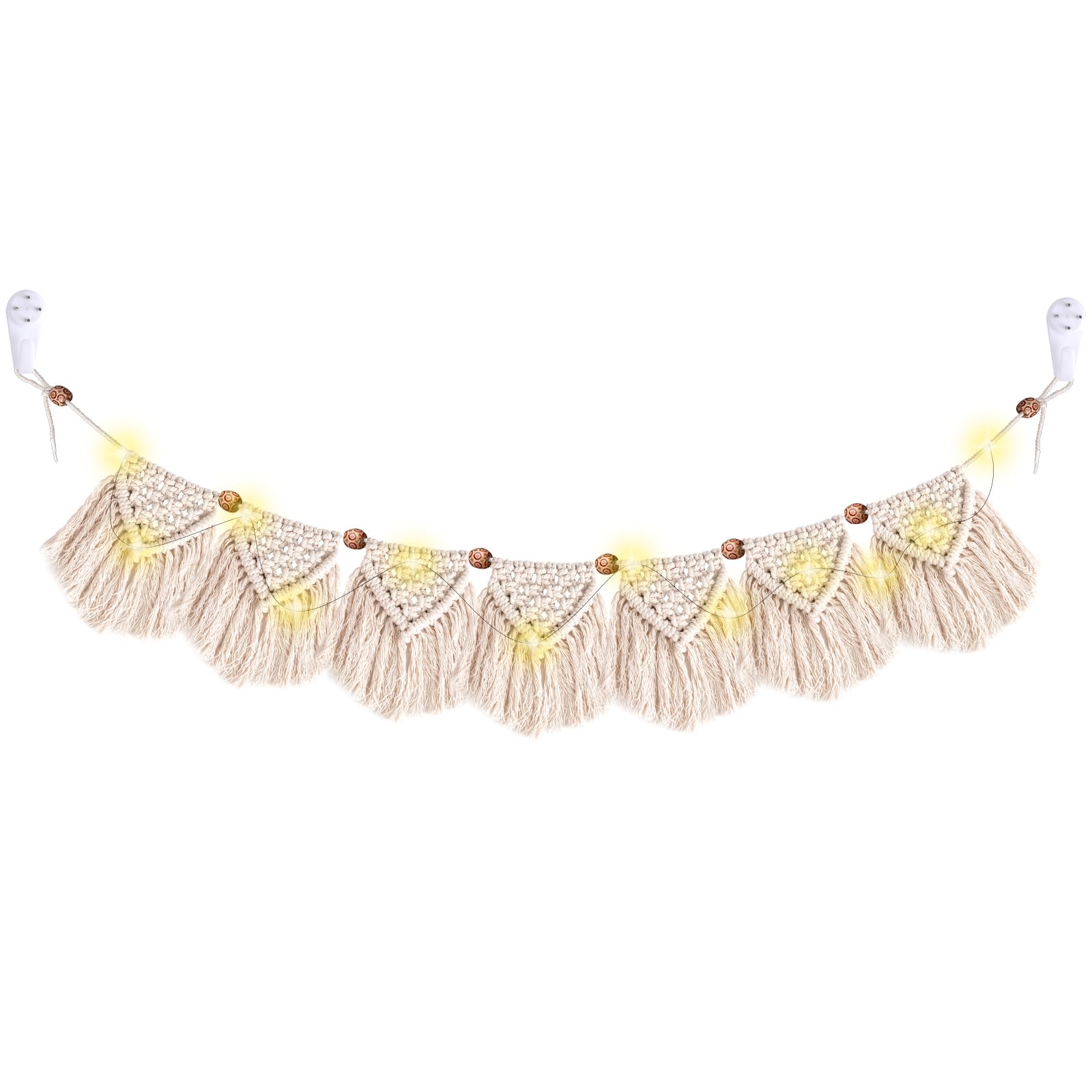 YAKLEE Tapiz de Pared de Macramé 132x 14cm Tapiz Colgante Pared de Macrame Boho con 1 Luces LED para Decorar Salón, Dormitorio, Boda, Banner de Guirnalda Flecos para Adornar Pared Habitacion