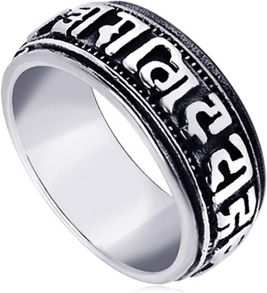 Jewelry Men's Stainless Steel Vintage Buddhist Six True Syllable Mantra Om Mani Padme Hum Ring 6