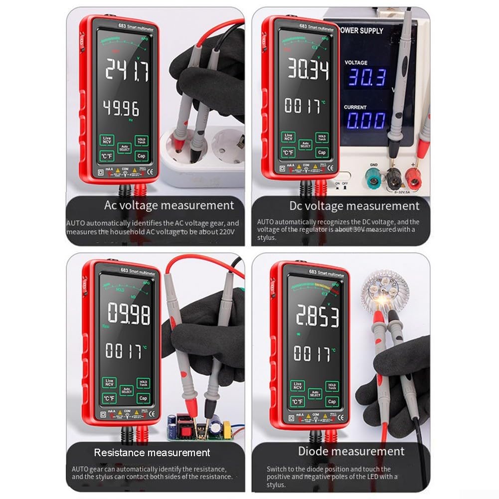 Multimetro digitale a schermo intero 683 con touch screen, 6000 conteggi, batteria ricaricabile USB al litio, tester di tensione senza contatto NCV torcia e cavi di prova in silicone per Ele