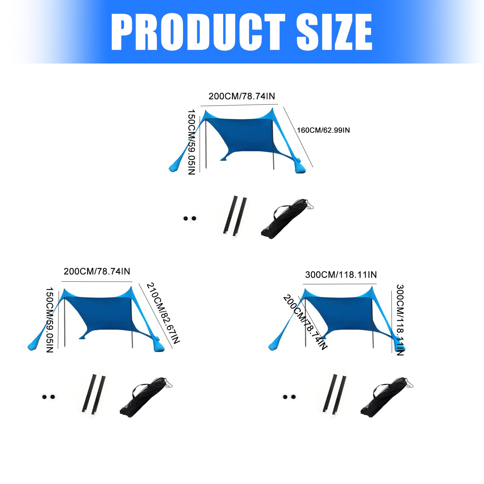 Set tenda parasole per uso in spiaggia, 300 x 300 x 200 cm, colore: blu