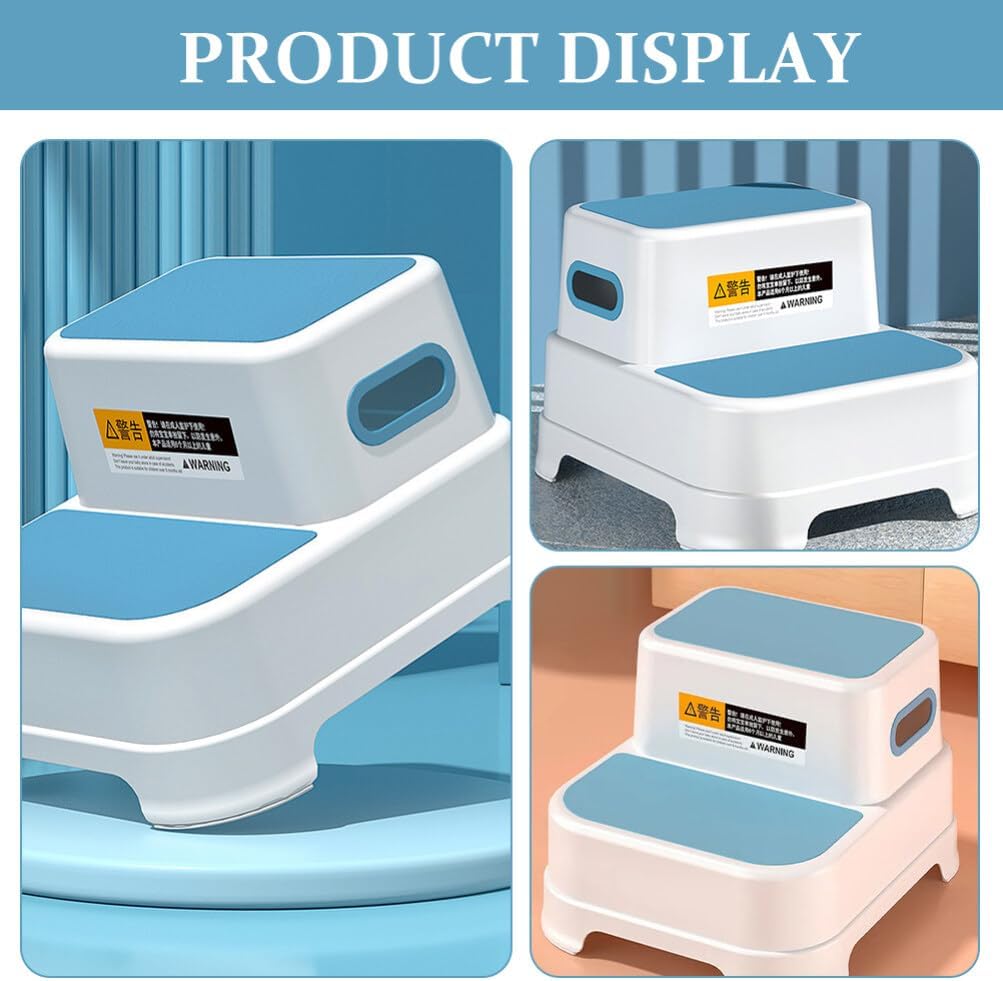 Beaupretty Toddler Step Stool for Bathroom Sink, 2 Step Stool for Kids Toilet Potty Training Non-Slip Toddlers Baby Child Kid Plastic Poop Stools with Handle for Kitchen Counter Bed Blue