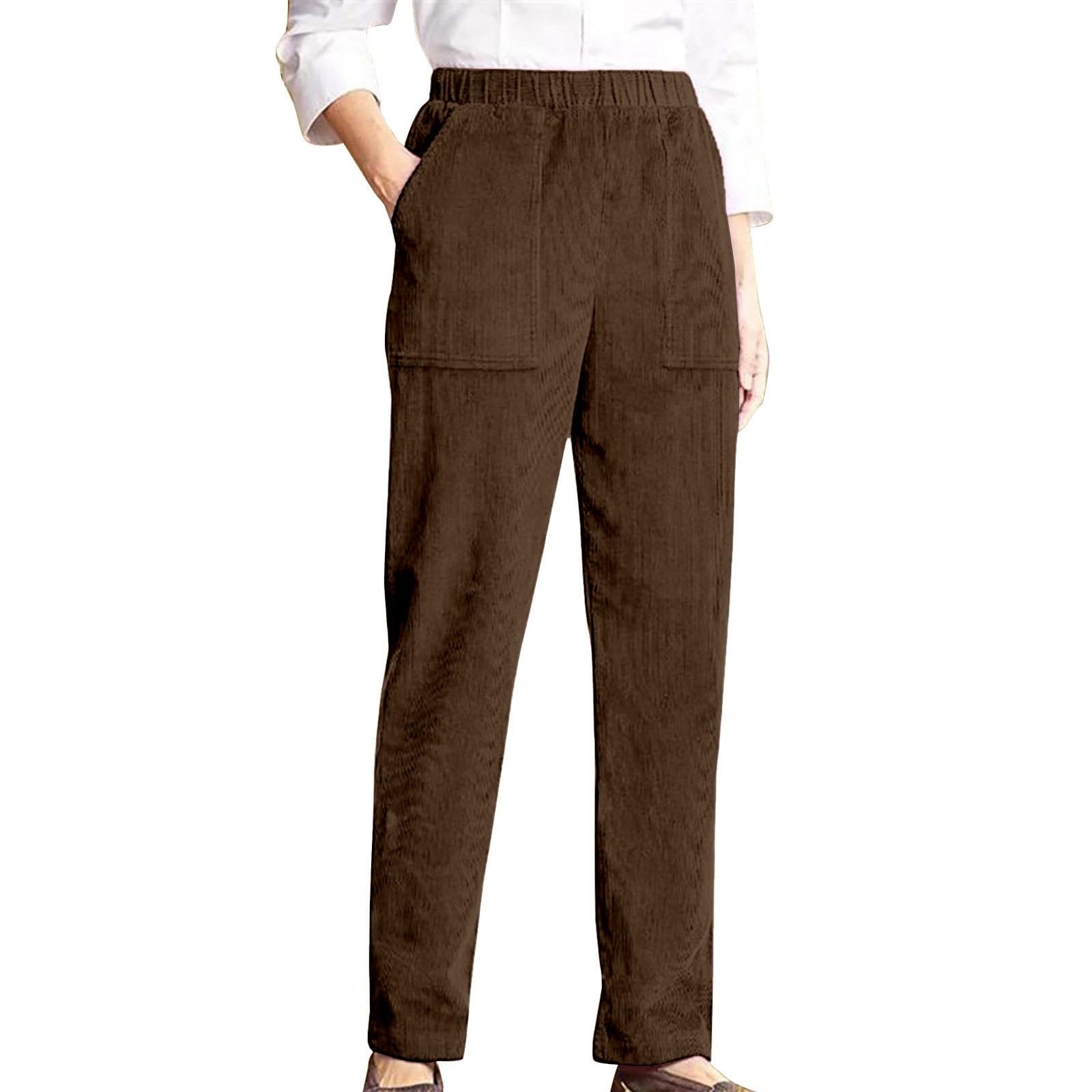 BIRW Brown XL 2024 Womens Straight Leg Corduroy Pants Casual High Waist Elastic Pull On Trousers Fashion Office