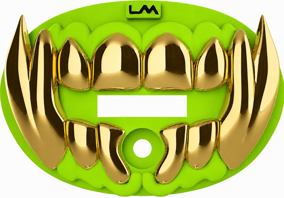 Loudmouth Football Mouth Guard for Youth & Adult - 3D Chrome Beast Green Gold Teeth Mouthpiece with Strap, No-Boil Braces-Friendly Sports Mouthguard (3D Beast - Chrome Fluorescent Green/Gold)