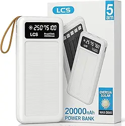 Carregador Solar Portátil Power Bank 20000Mah Painel Solar - Com Cabos Embutidos Display Digital Ideal Para Viagens E Camping (BRANCO)